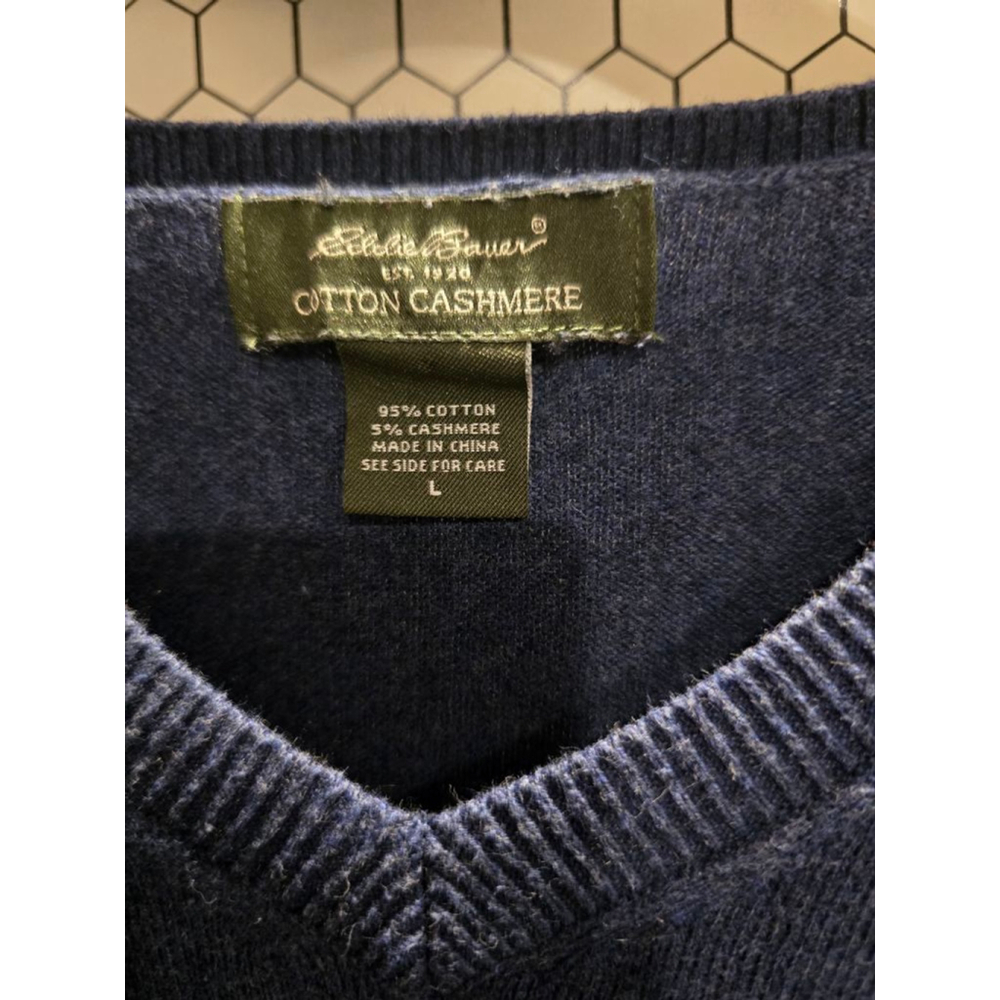 Men's Eddie Bauer Blue Cotton Cashmere V-Neck Sweater Size L - Picture 4 of 4